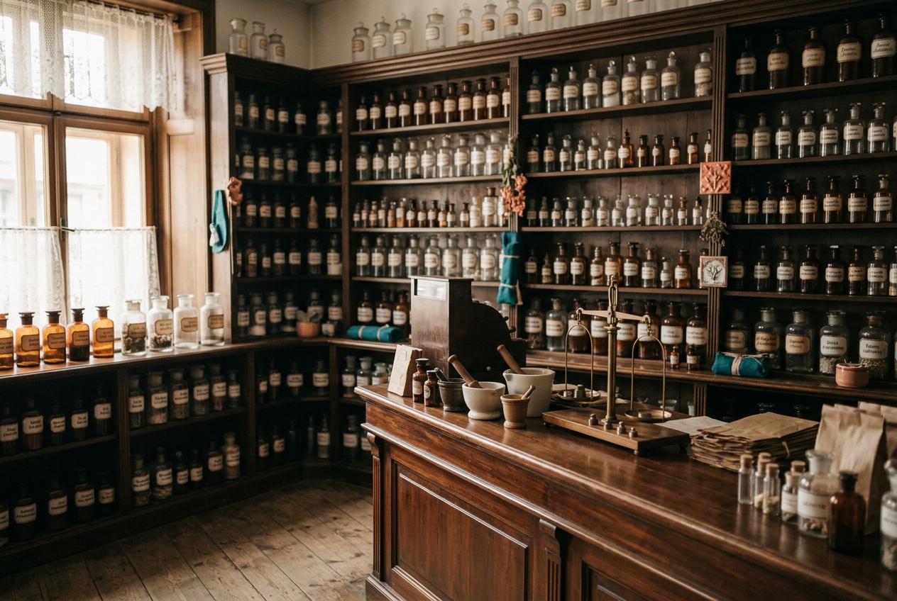A vintage neighborhood apothecary with apothecary jars and a wooden counter