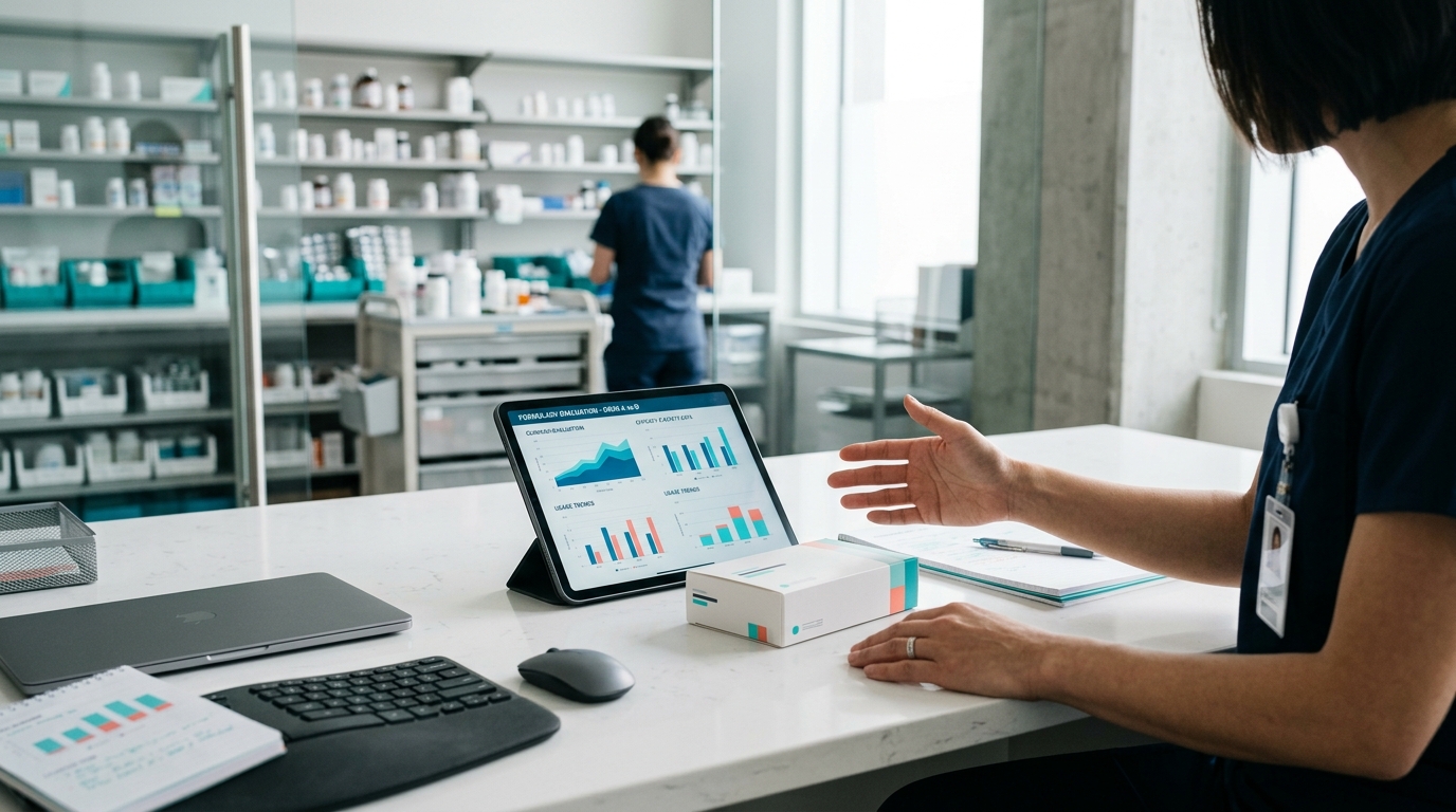 A hospital pharmacist reviewing a healthcare product against the formulary in a bright clinical pharmacy